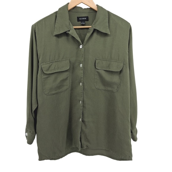 Silk House Olive Green 100% Silk Long Sleeve Button Down Shirt Career Layering - Picture 1 of 10